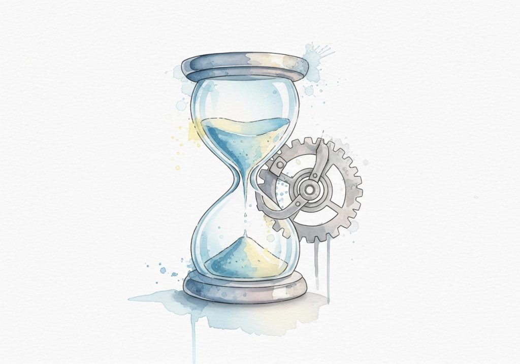 Watercolor illustration of an hourglass and gears symbolizing automated workflows