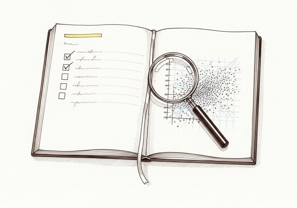Pencil sketch of an open notebook and magnifying glass analyzing data