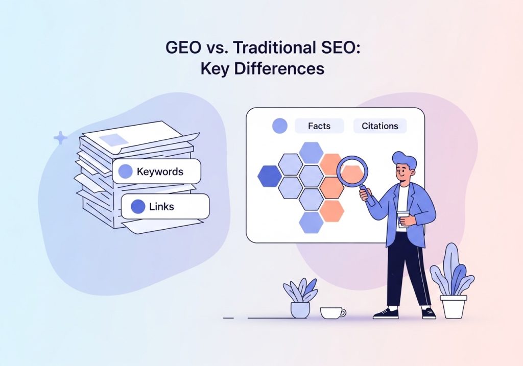 Comparison of traditional SEO metrics versus Generative Engine Optimization factors