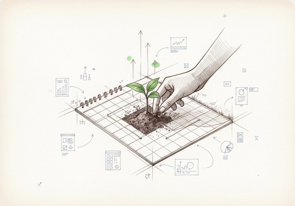 Hand-drawn illustration of planting a sapling into a calendar grid, symbolizing strategic growth.