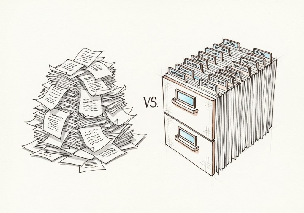 Sketch comparing disorganized content vs organized semantic HTML structure.