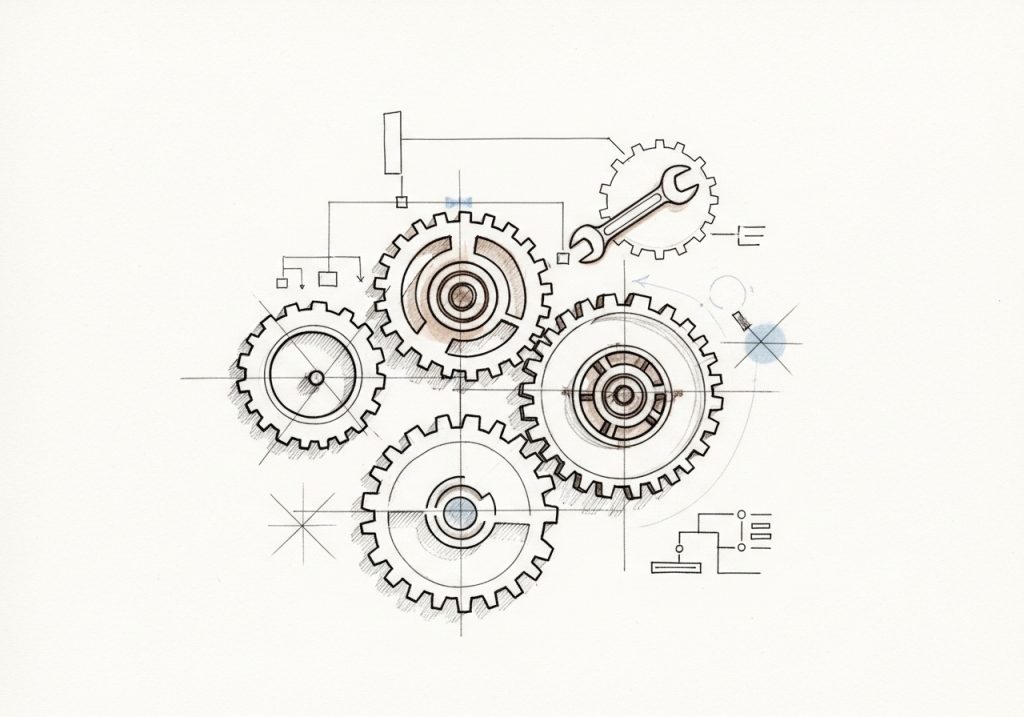 Sketch of gears representing technical website architecture with a maintenance wrench.