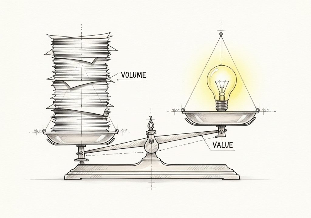 Balance scale showing value weighing more than volume of paper