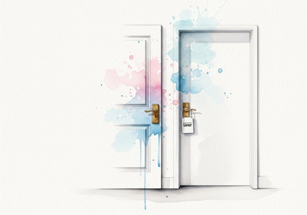 A watercolor painting comparing a permanent '301' door and a temporary '302' door, illustrating different redirect types.