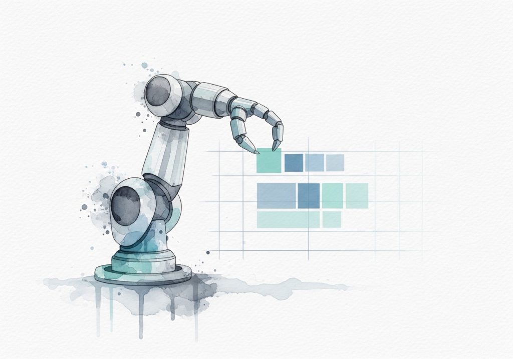 A watercolor of a robotic arm arranging content blocks, representing AI and marketing automation skills.
