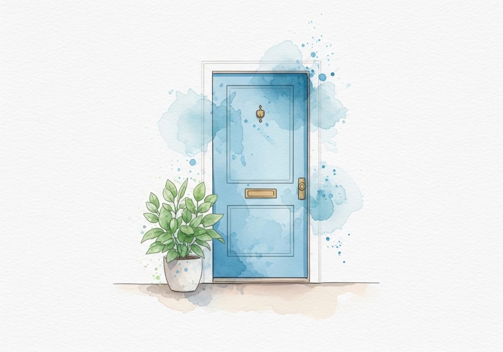 An illustration of a welcoming front door in watercolor, representing Airbnb's brand of belonging.