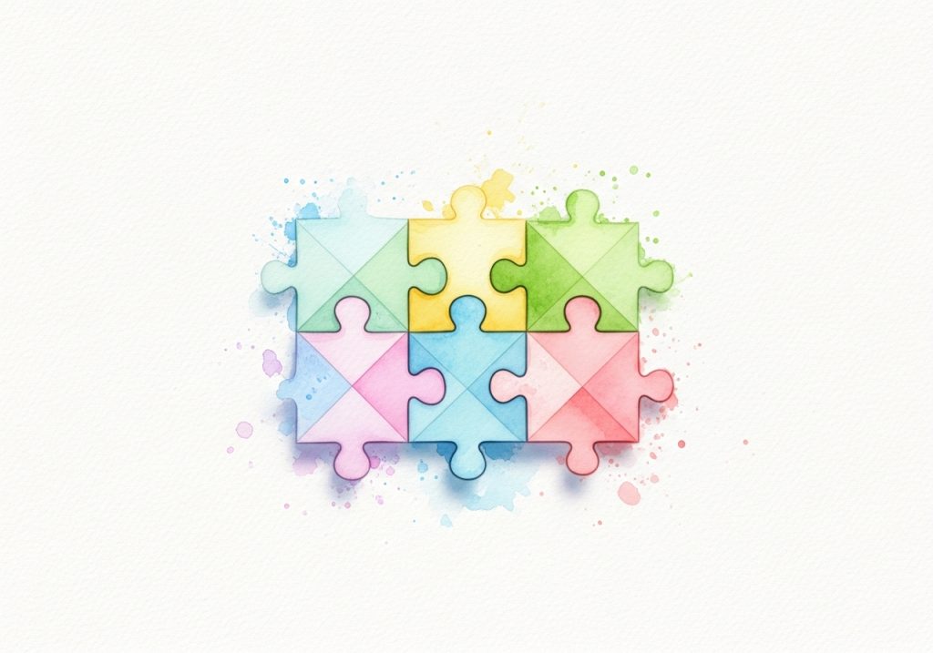 Watercolor illustration of interlocking puzzle pieces, representing the core components of a brand strategy.