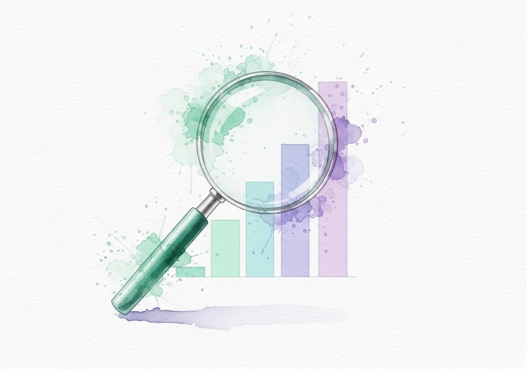 A watercolor magnifying glass over a chart, symbolizing audience and competitor analysis for campaign ideas.