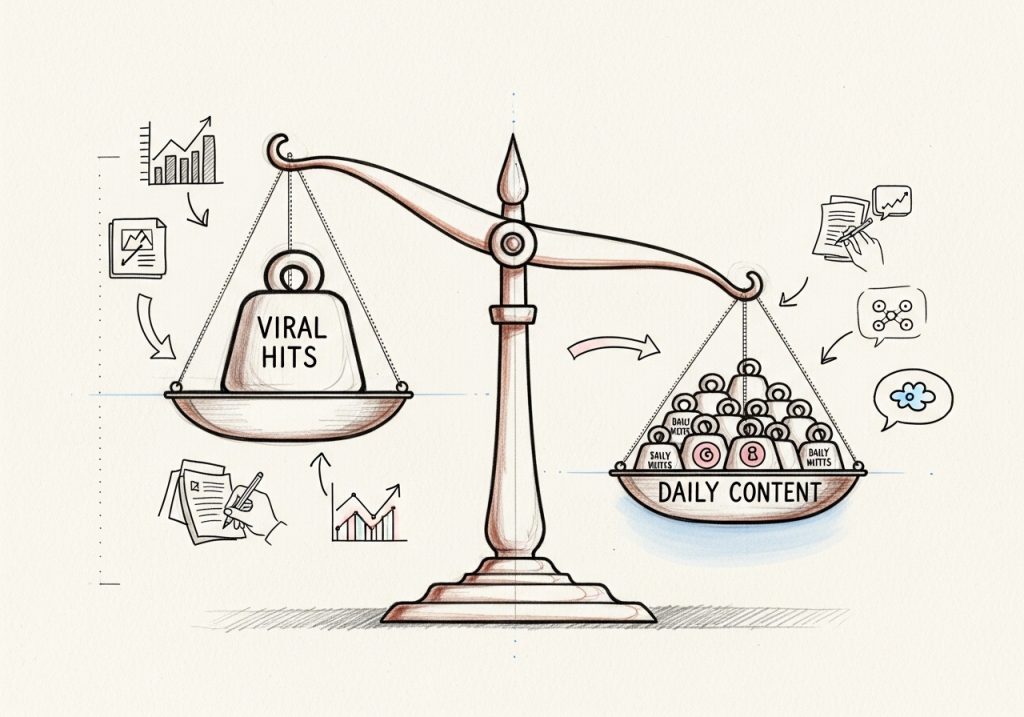 Illustration comparing viral hits versus consistent content for personal branding