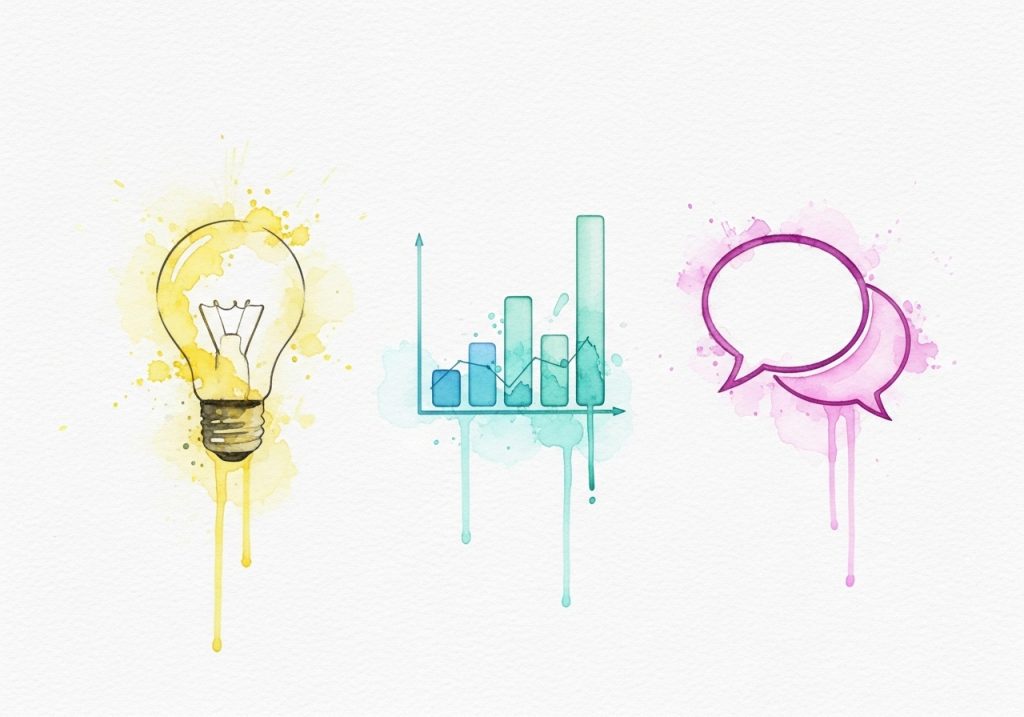 Watercolor icons representing key skills for content creators: strategy, analytics, and communication.