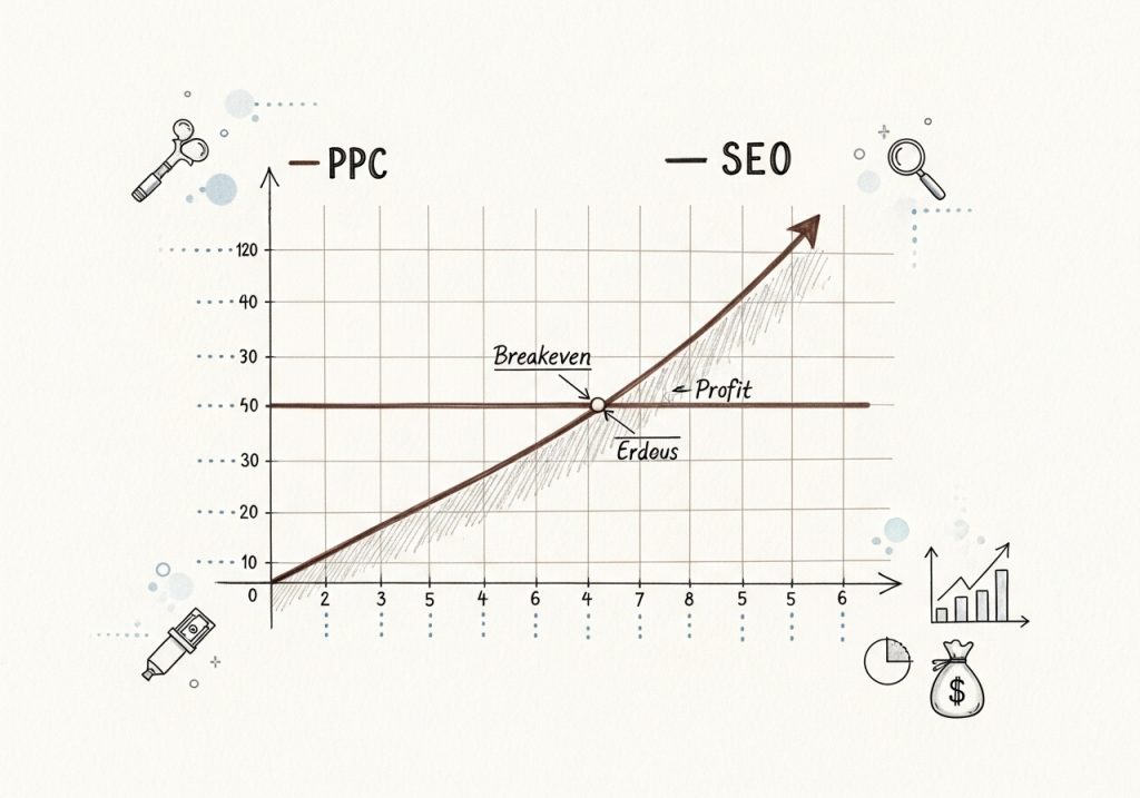 Hand-drawn graph showing SEO compounding ROI vs linear PPC costs