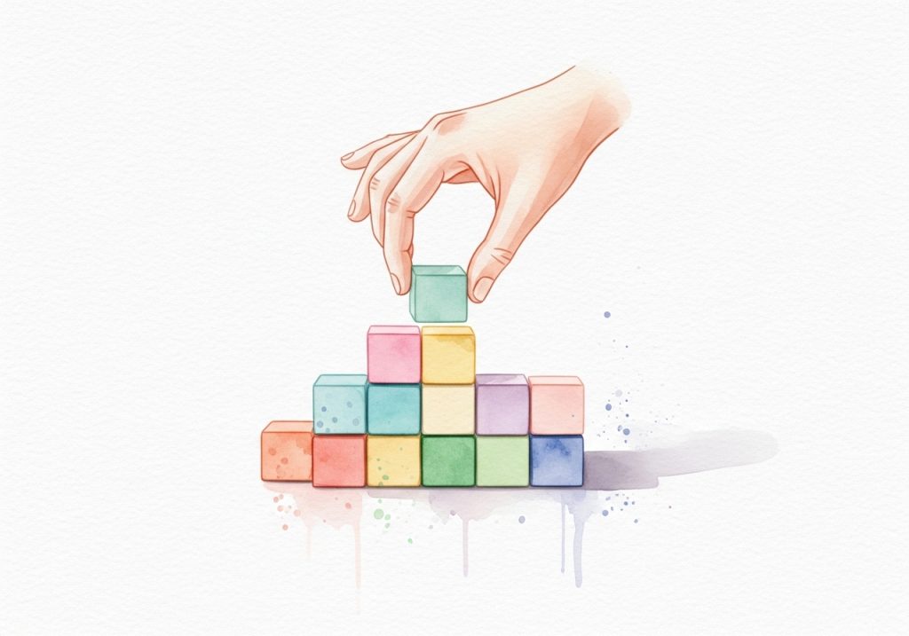 A watercolor illustration showing a hand building a structure with blocks, symbolizing the development of a brand strategy.