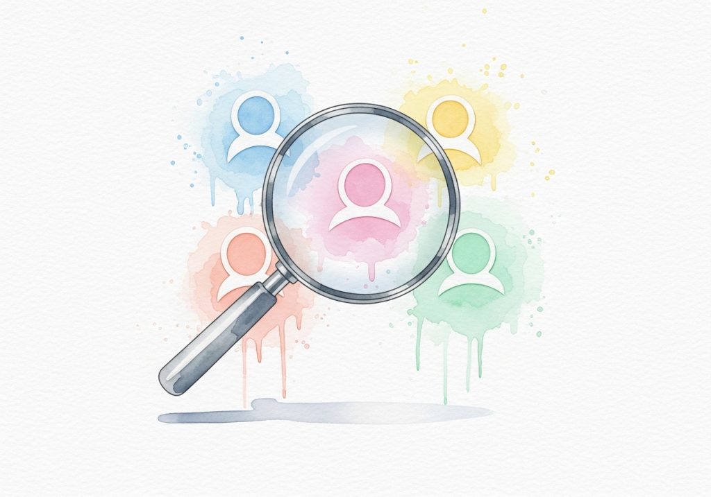 A magnifying glass over profile icons, symbolizing the search for candidates for content creator jobs.