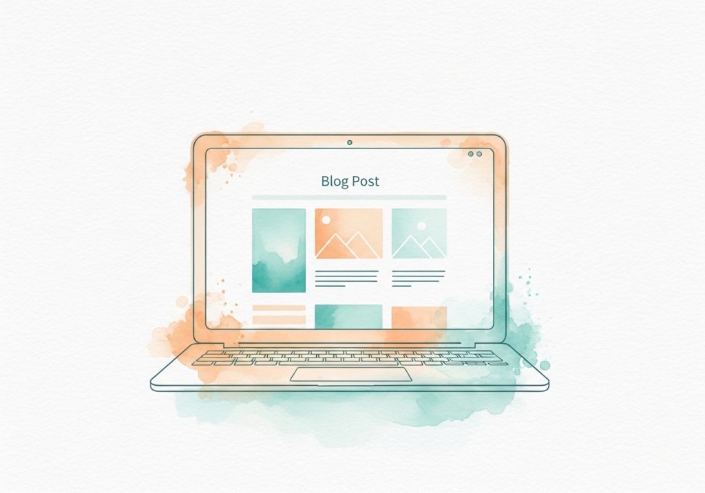A watercolor illustration of a laptop showing a blog, representing HubSpot's content marketing strategy.