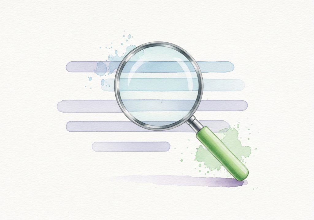 Watercolor illustration of a magnifying glass over text, representing keyword performance analysis for an SEO report.