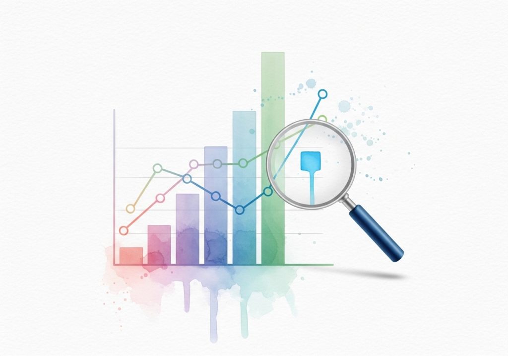 A watercolor of a chart and magnifying glass, illustrating data analysis as a key marketing skill.