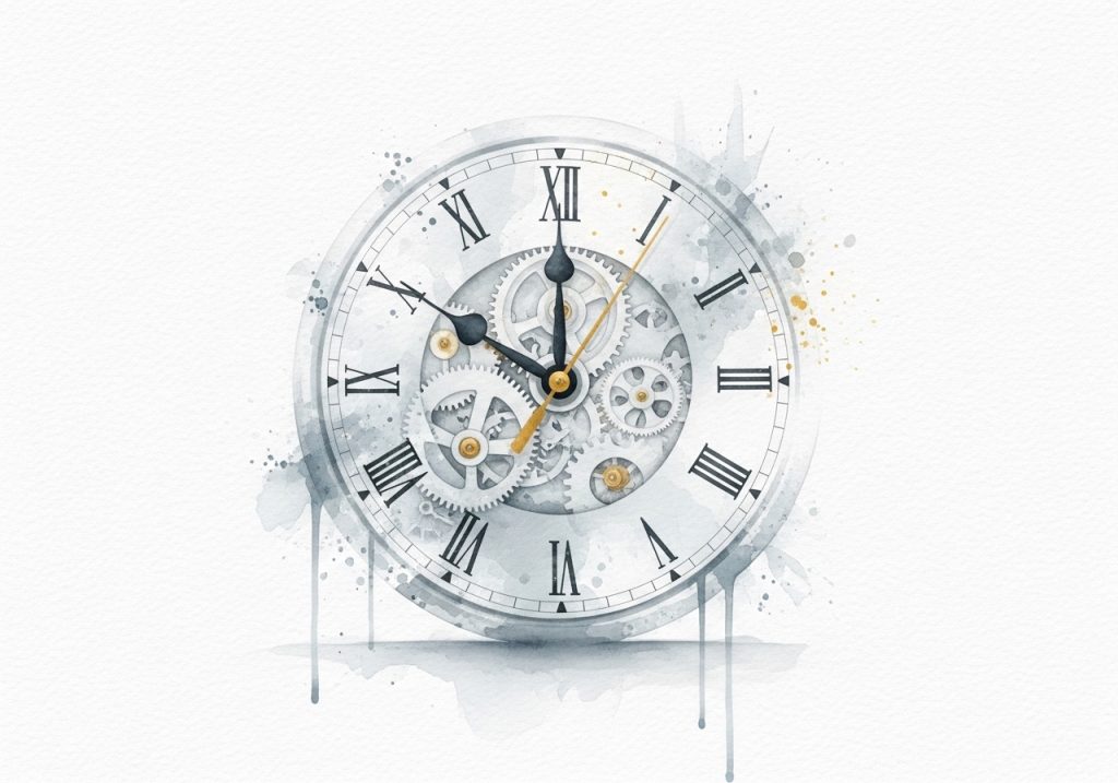 A watercolor illustration of a clock and gears, symbolizing the efficiency gains from using marketing templates.
