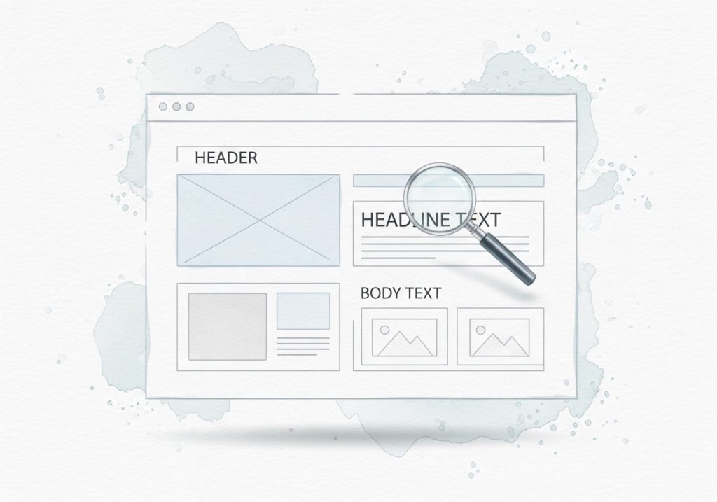 A watercolor painting of a webpage wireframe with a magnifying glass, representing on-page SEO optimization.