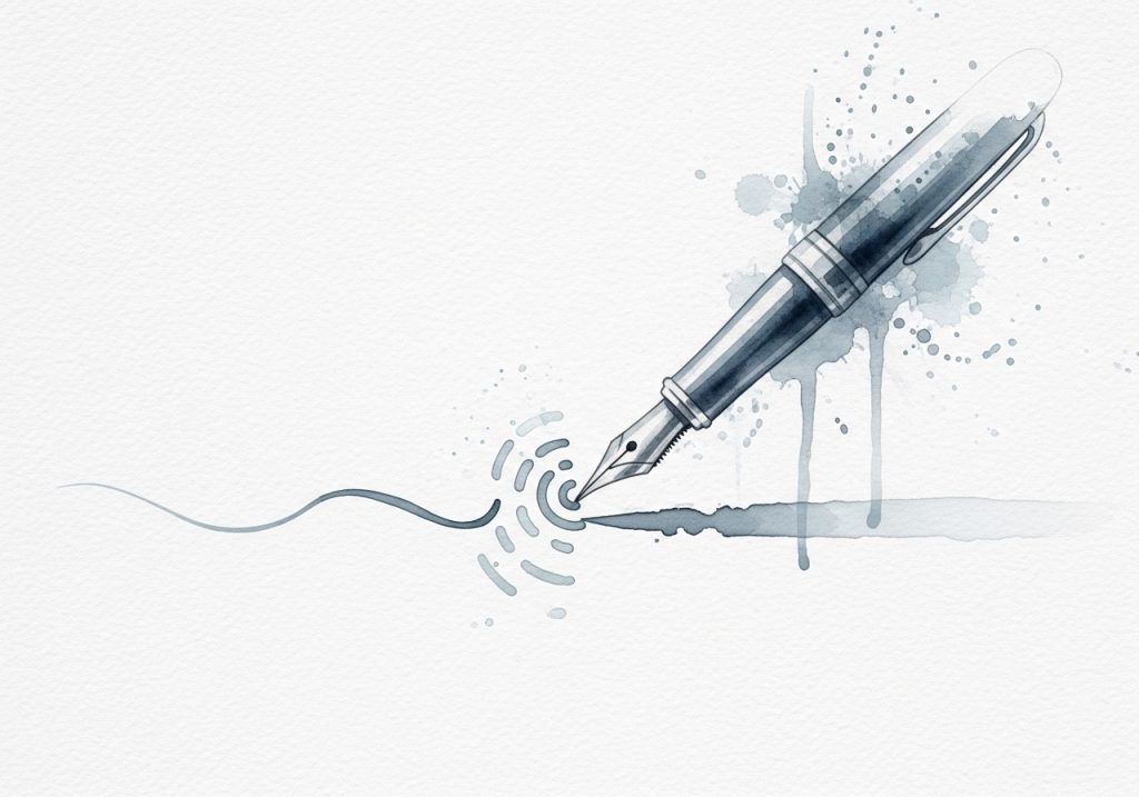 A watercolor painting of a fountain pen writing a story, symbolizing how to integrate PR narratives into marketing campaigns.
