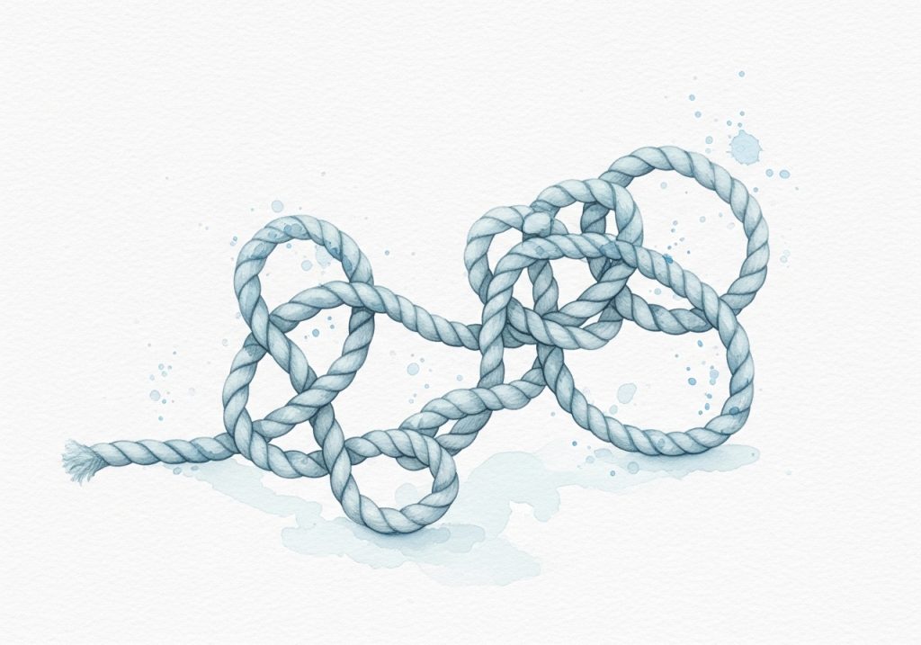 Watercolor of a tangled rope, symbolizing common redirect errors like redirect chains that harm SEO.