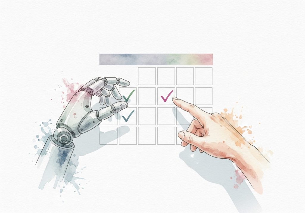 An illustration of a robotic arm and human hand working on a calendar, symbolizing AI-powered content automation.