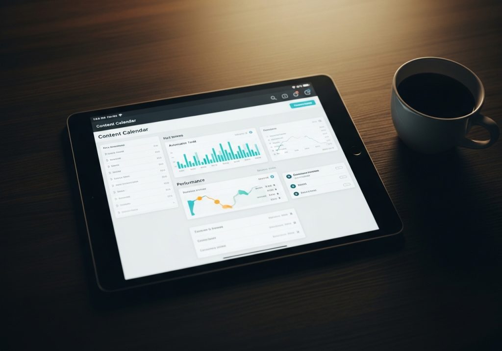 A tablet on a desk displaying an automated content calendar, symbolizing SEO automation.