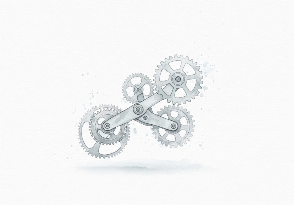 Watercolor illustration of interconnected gears, symbolizing the structured process of technical SEO.