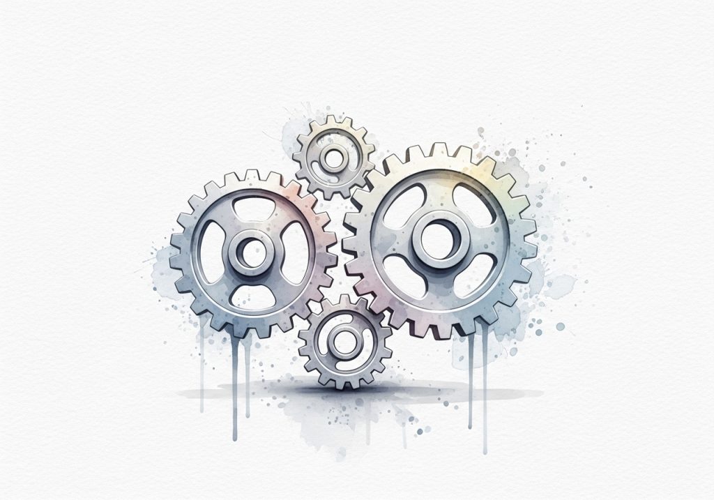 Watercolor of interlocking gears, illustrating the importance of strong technical SEO for page authority.