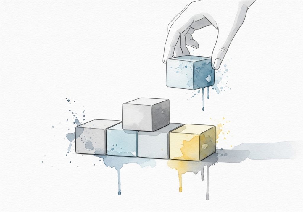 Watercolor illustration of building blocks being assembled, symbolizing a repeatable framework for creating viral content.