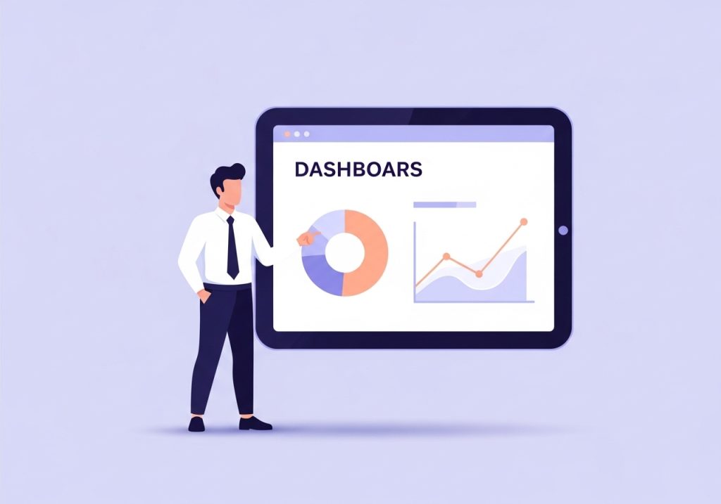 A vector illustration of a person presenting market research findings on a dashboard with charts and graphs.