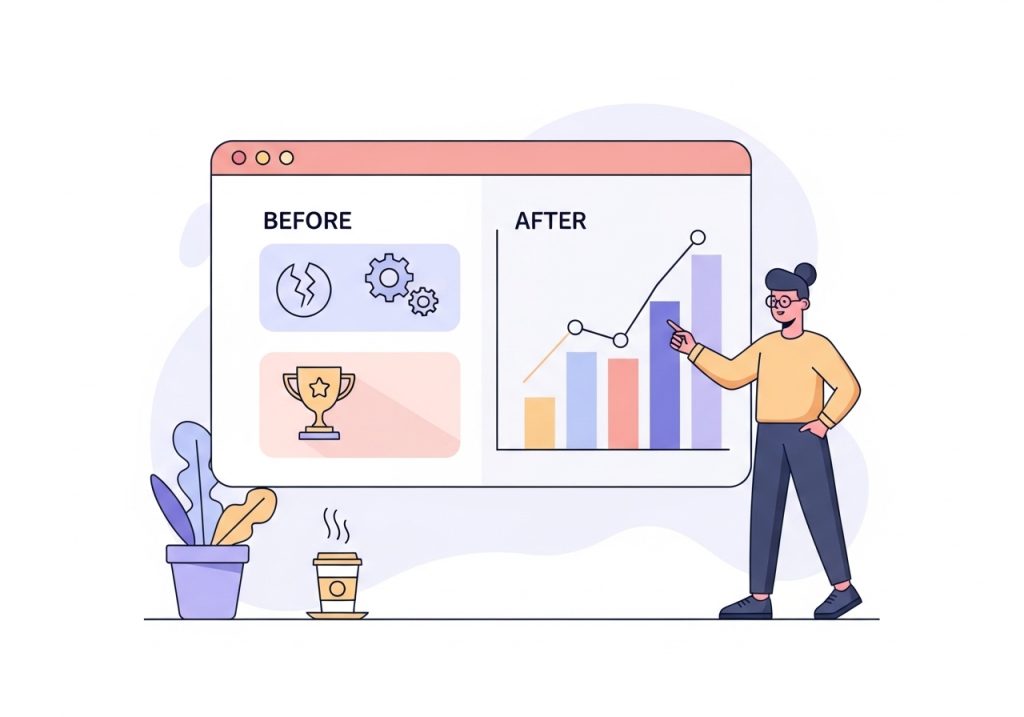 Illustration of a case study testimonial showing clear business growth on a chart.