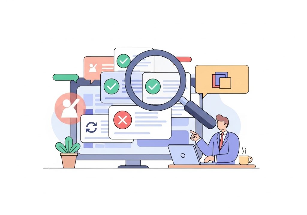 A graphic showing the process of auditing online listings to find and correct errors for better SEO.