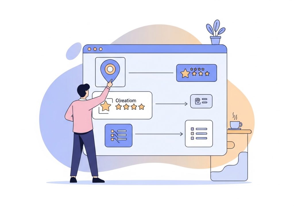 Illustration of a person choosing from various online directory types for building citations.