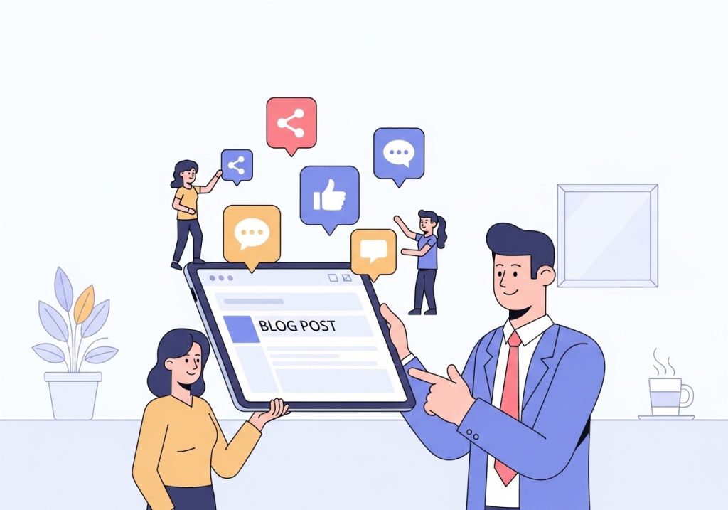 A person amplifying content on a tablet, surrounded by social media engagement icons.