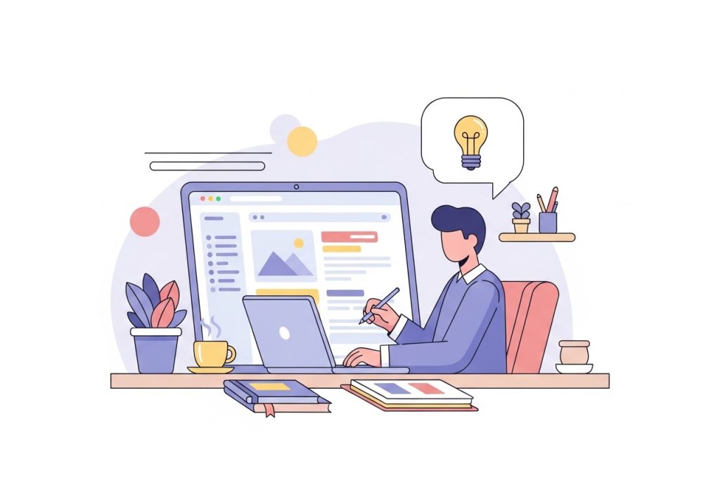 An illustration of a content marketer creating a blog post as part of a business promotion strategy.
