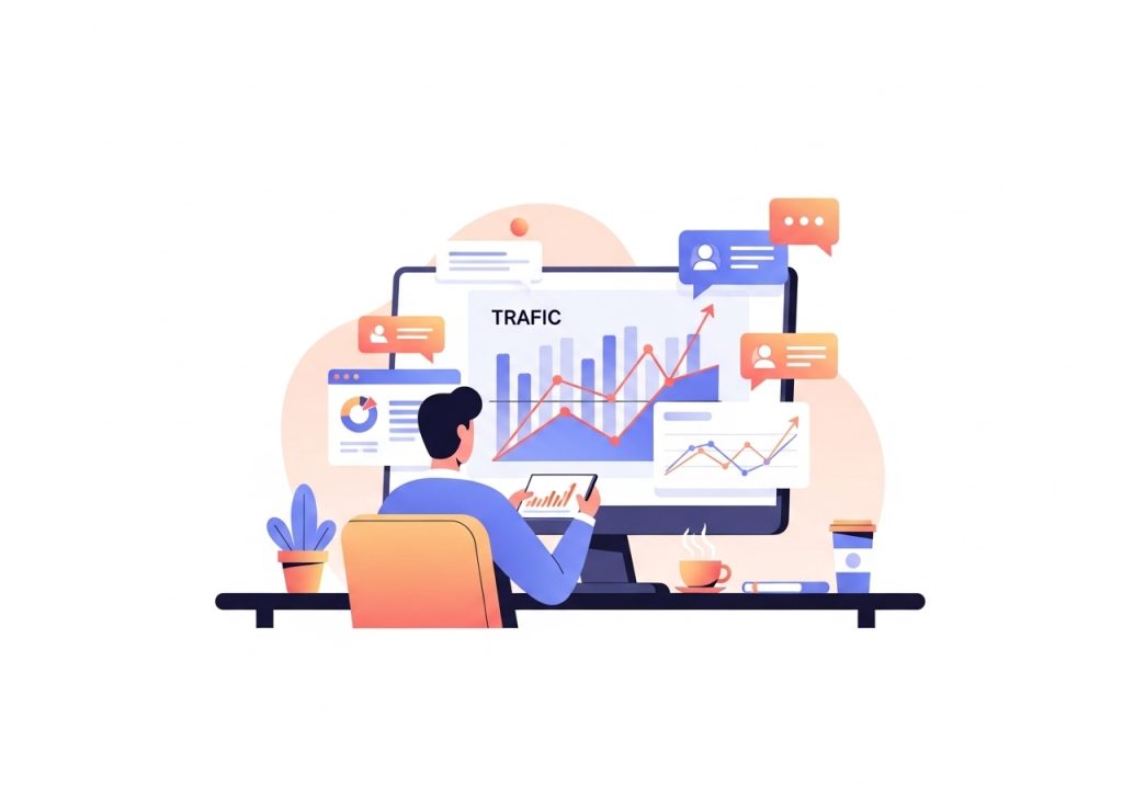 An illustration of a marketer analyzing data-driven blog content performance charts.
