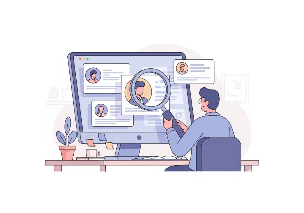 Illustration of a marketer researching and vetting potential marketing influencers on a computer screen.