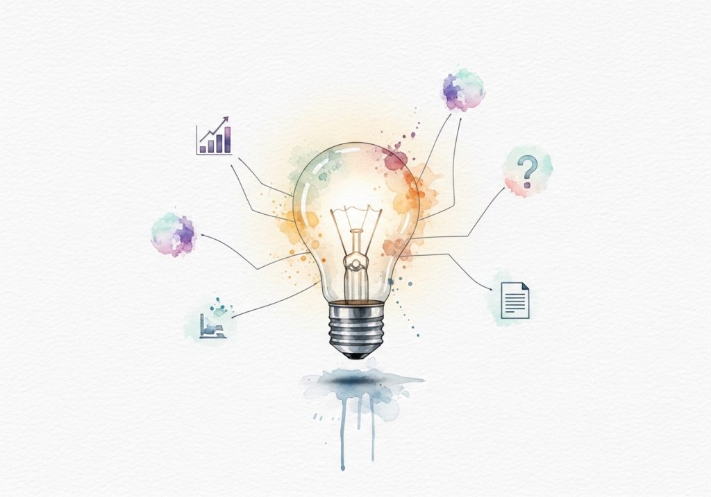 A watercolor illustration of a lightbulb connected to various research icons, symbolizing the process of finding a search synonym.