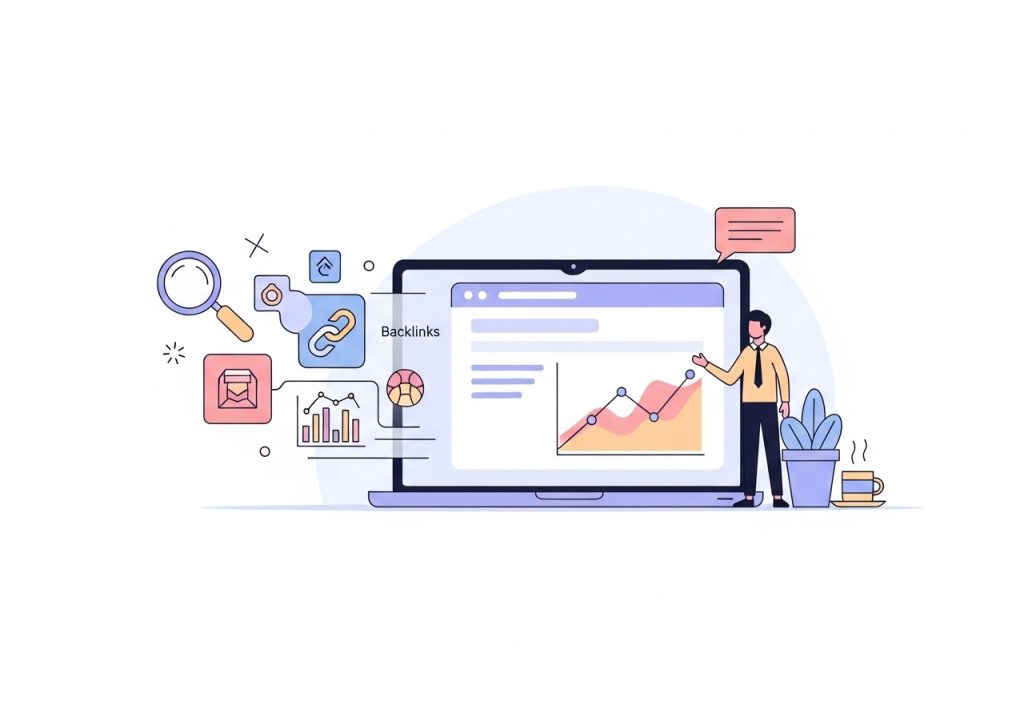 Illustration of key SEO data points like keyword rankings and organic traffic being collected for a report.