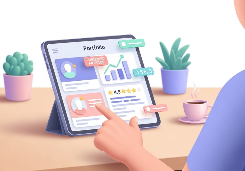 A vector graphic showing social proof and writing samples on a tablet for a guest post pitch.