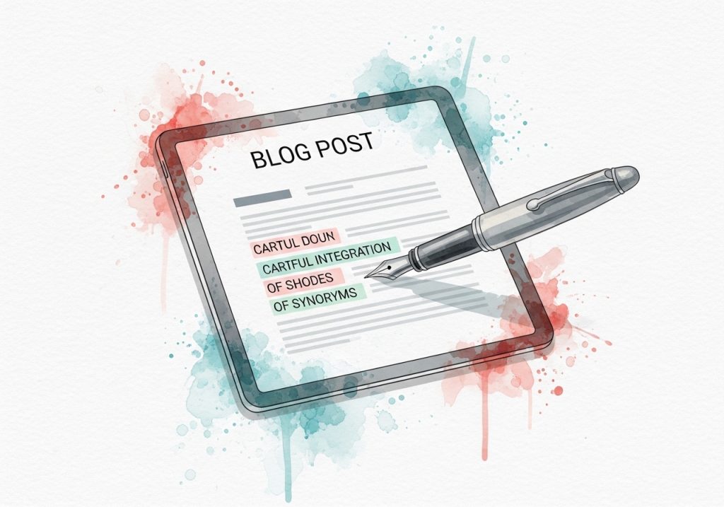 A watercolor drawing of a pen editing a digital document, illustrating the integration of search synonyms into website content.