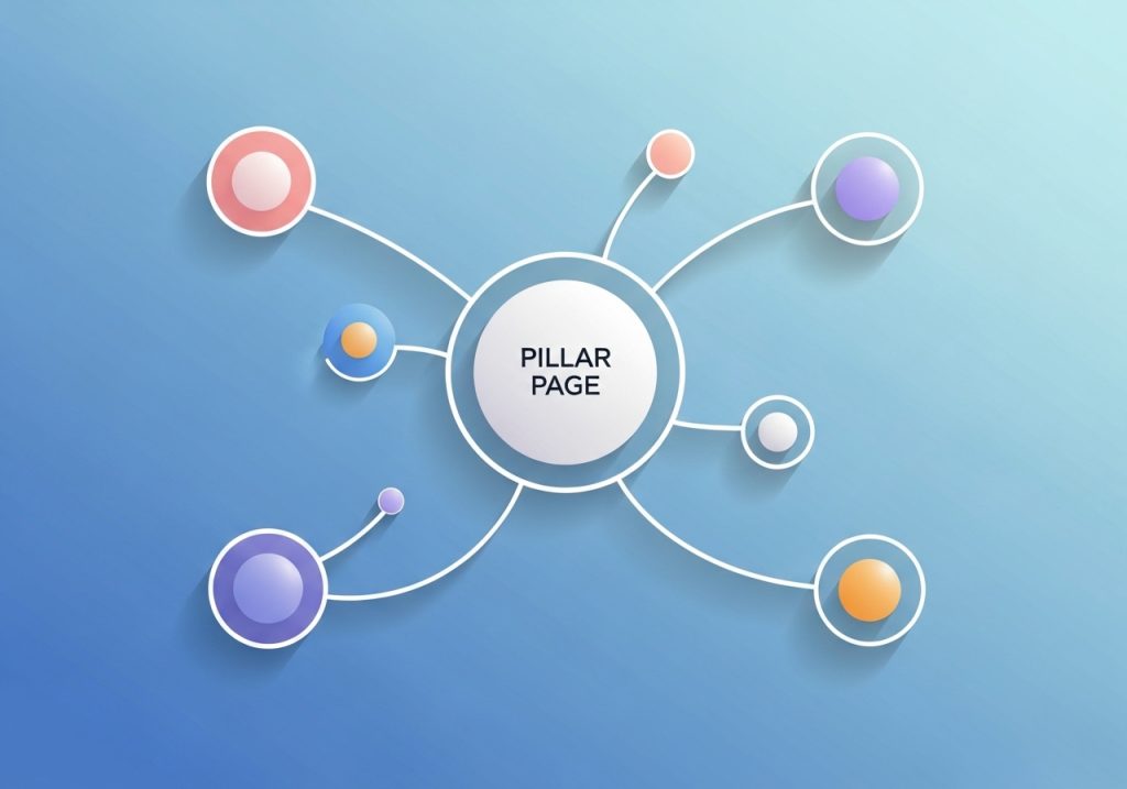 An abstract visualization of an internal linking structure connecting different pages on a website.
