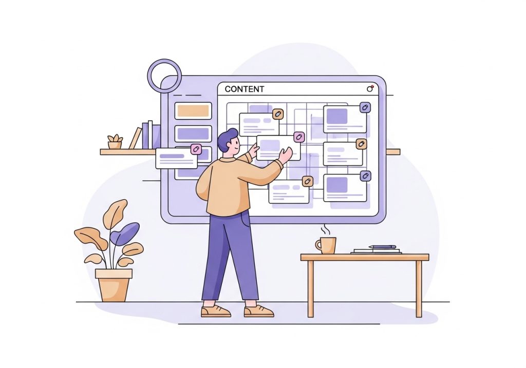An illustration of a content strategist mapping keywords to a content calendar as part of an SEO strategy.