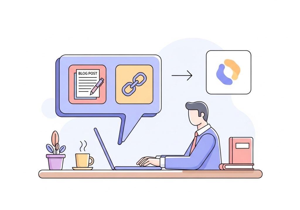 Illustration of a professional performing link building by writing a guest post on their laptop.