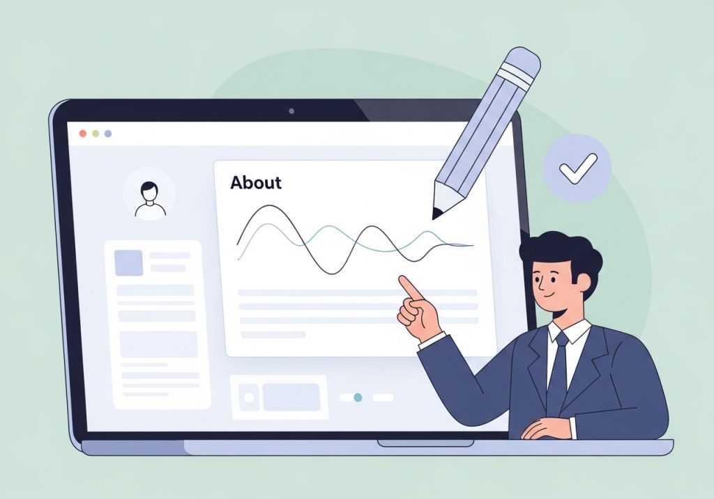 Illustration showing the process of writing a compelling LinkedIn 'About' section for profile optimization.