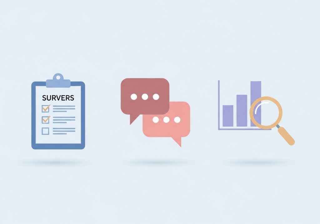 Icons representing different market research methods: surveys, interviews, and competitor analysis.