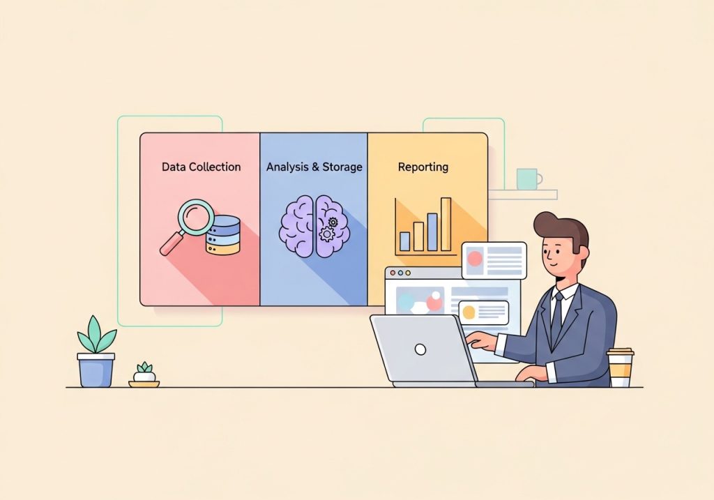 A diagram illustrating the three core components of a marketing information system: data collection, analysis, and reporting.