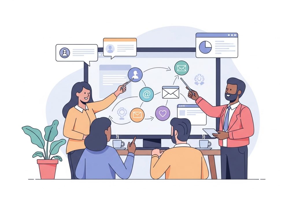 Marketing professionals using a marketing information system to analyze a customer journey map and make strategic decisions.