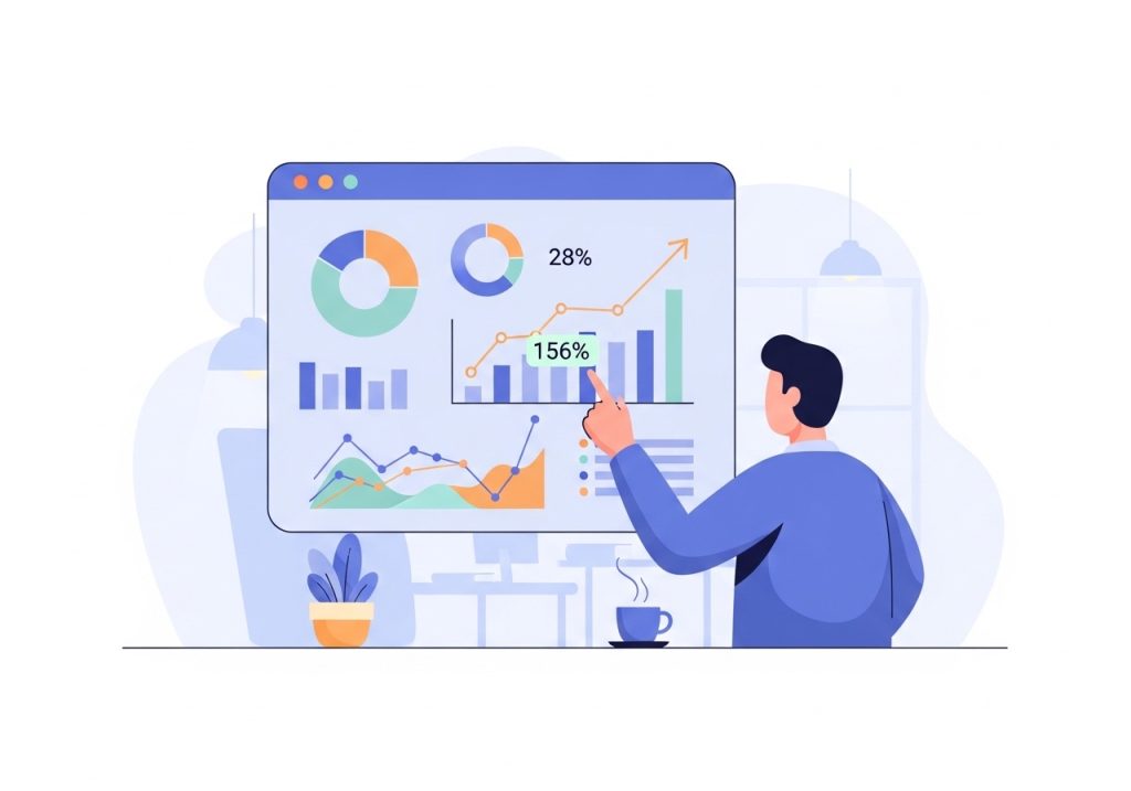 An illustration of a marketer reviewing analytics dashboards to measure the performance of business promotion efforts.