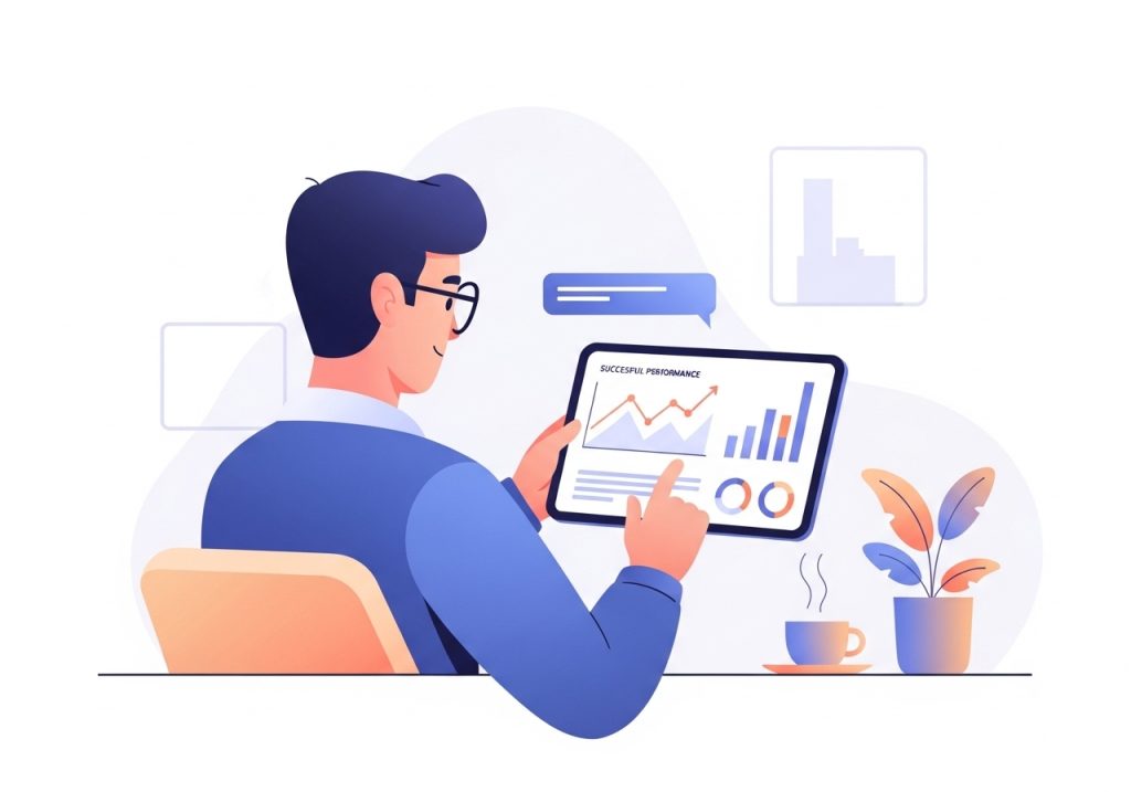 Measuring SEO content performance with analytics dashboards showing positive growth.
